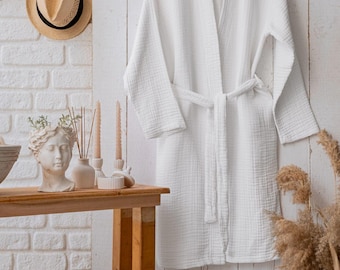 White Muslin Kimono Robe, 100% Cotton 4-Layer Gauze Bathrobe, Lightweight Unisex Spa Robe, Soft Breathable Loungewear