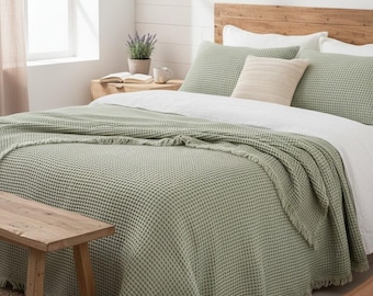 Sage Green Waffle Muslin Blanket, 4 Layer Breathable Gauze Throw, Organic Cotton Lightweight Blanket