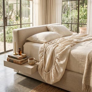 May include: A beige upholstered bed frame with a matching headboard and a floating bedside shelf. The bed is dressed in cream-colored textured muslin bedding, including two pillows and a fitted sheet with an elasticized edge draped over the side.