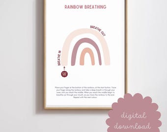 Kids Rainbow Breathing Poster Printable Mindfulness Breathing Exercise for Children Calm Down Corner Decor Emotional Regulation Tool