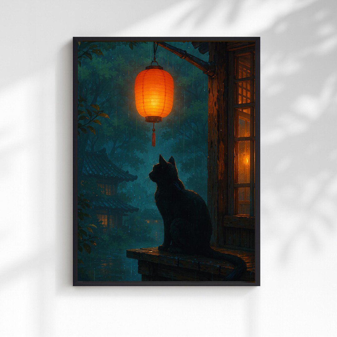 Black Cat Lantern Art Print | Rainy Night Japanese Aesthetic Wall Decor ...