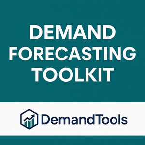 May include: A teal and white graphic with the words "DEMAND FORECASTING TOOLKIT" in large white letters. Below, a white banner displays the logo and name "DemandTools" in dark blue.