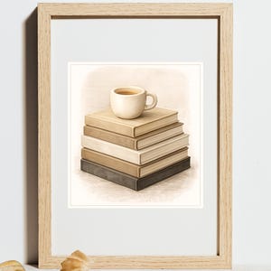 Könnte beinhalten: Gerahmter Druck mit einem Stapel Bücher, auf dem eine Tasse Kaffee steht. Die Bücher sind in Beige- und Brauntönen gehalten. Die Tasse ist weiß mit einer braunen Flüssigkeit. Der Rahmen ist hellbraun. Der Text "Frame not included" steht unten.
