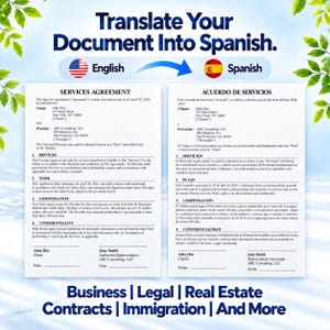 以下が含まれることがあります： Translate Your Document Into Spanish、Business、Legal、Real Estate、Contracts、Immigration、And Moreというテキストが記載された文書翻訳サービスのグラフィックで、英語とスペイン語のサービス契約書が並べて表示されています。