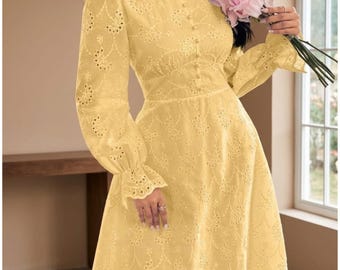 Yellow Victorian Eyelet Maxi Dress, Flare Sleeve Wedding Guest Gown