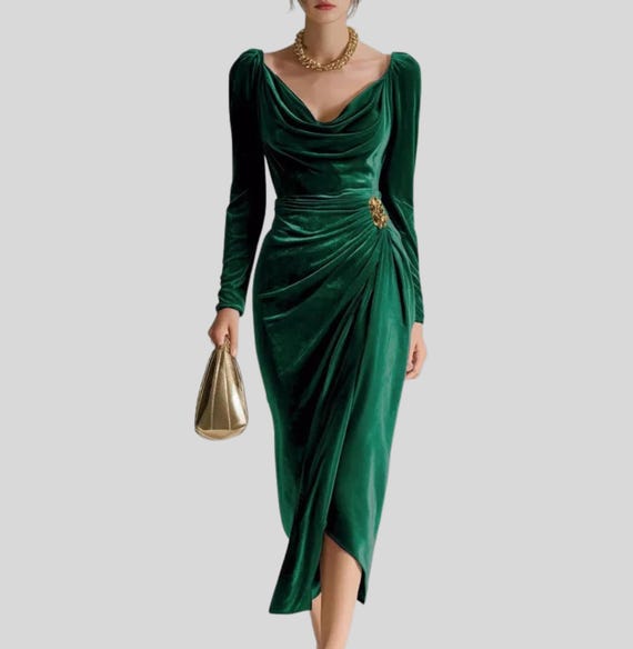 Olive Green Vince Camuto Velvet Dress Velvet Draped Dress: Elegant Long  Sleeve A-line, Square Neck