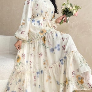 white christmas dresses Cream floral tiered maxi dress – Bella by Grace Co main image 1