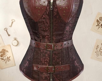 Women Gothic Overbust Bustier Vintage Faux Leather Zipper Brown Steampunk Corset