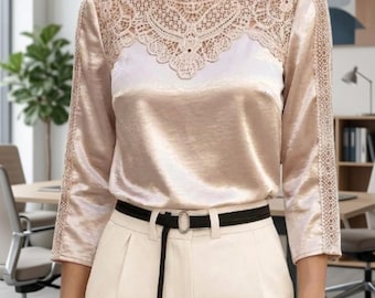 Women's Contrast Lace Round Neck Long Sleeve Elegant Blouse, Work Outfits For Women
