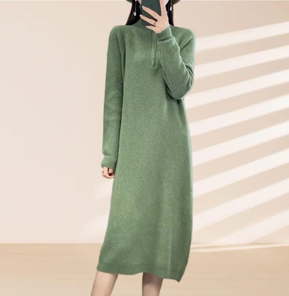 Women's One-piece Wool Dress, Thick Zipper Mock Neck Elegant Sweater Dress  - Etsy Israel