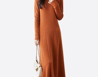 Women's Round Neck Wool Dress pullover Autumn And Winter Knitted Long Sweater outfit