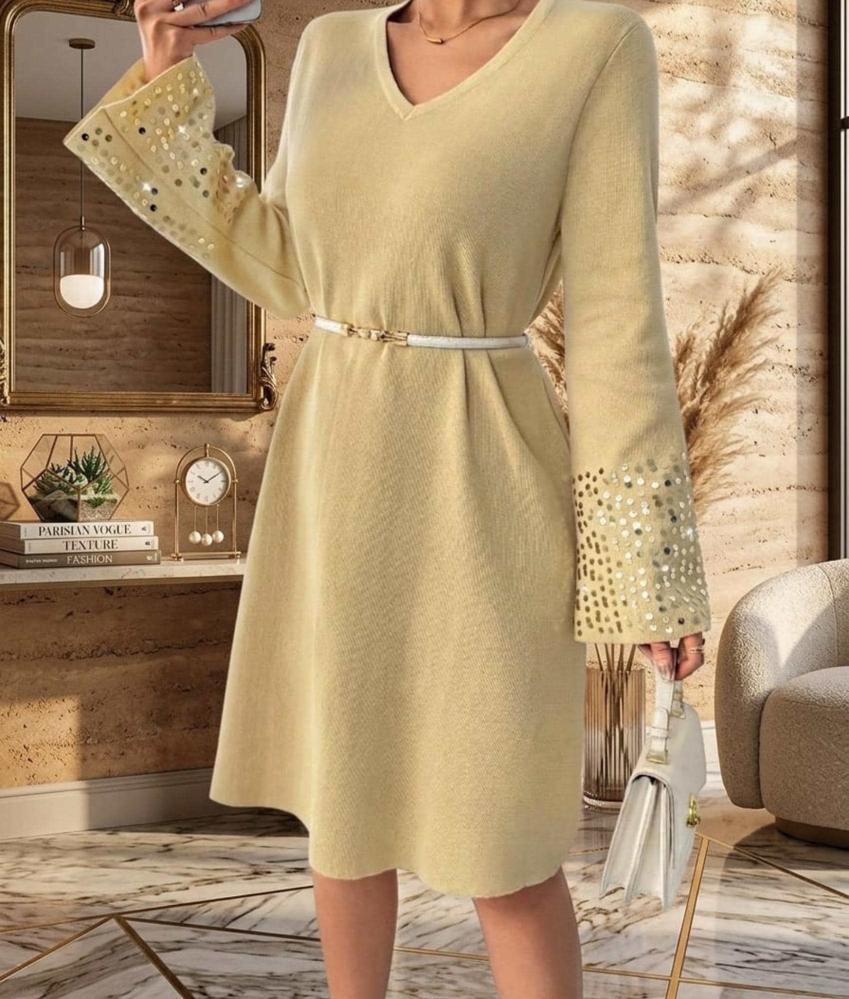 slim fit dress slacks Metallic Foil Cable Knit Sweater Dress Gold / Medium main image 1