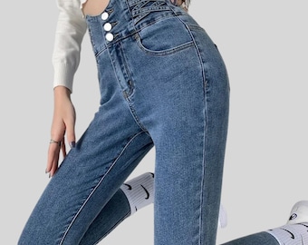 Hohe Taille Skinny Stretch Y2K Jeans mit Vier-Knopf-Detail