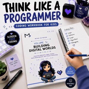 May include: A coding workbook titled Think Like a Programmer Volume 3: Building Digital Worlds, featuring a cartoon character with headphones. The workbook includes a spiral-bound notebook with a coding plan list, a pen, and a small purple note.