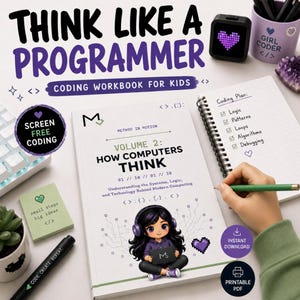 Può includere: Un quaderno di esercizi di programmazione intitolato Volume 2: How Computers Think, con un personaggio dei cartoni animati con cuffie e portatile. La copertina include testo sull'informatica, un quaderno a spirale, una penna e accessori.