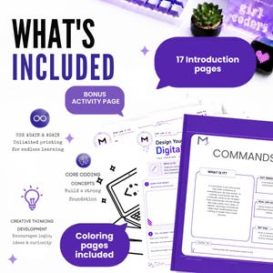 May include: A digital educational coding workbook with purple accents, featuring pages titled Commands and Design Your Digital World. The set includes 17 introduction pages, bonus activity pages, and colouring pages with text about core coding concepts.