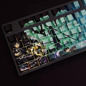 May include: A black mechanical keyboard with custom keycaps featuring anime character art. The keycaps have a teal and black color scheme with illustrations of anime characters. The keyboard has a backlight with various color options.