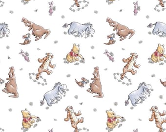 May include: White background with a repeating pattern of Winnie the Pooh characters, including Pooh Bear, Tigger, Eeyore, and Roo. The illustrations are in soft colors with floral accents, creating a whimsical and cheerful design.