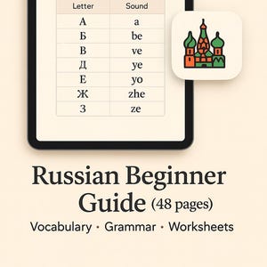 May include: A digital tablet displays a Russian language learning guide. The screen shows the alphabet with pronunciation, and the text "Russian Beginner Guide (48 pages)". The guide includes vocabulary, grammar, and worksheets.