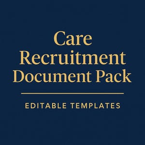 Puede incluir: Un gráfico azul marino con las palabras "Care Recruitment Document Pack" en letras doradas. Debajo del texto hay una línea horizontal dorada, y las palabras "EDITABLE TEMPLATES" están escritas en oro debajo.