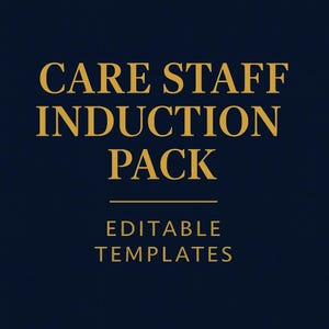 Puede incluir: Un gráfico azul marino con texto dorado que dice "CARE STAFF INDUCTION PACK" encima de las palabras "EDITABLE TEMPLATES". El texto está centrado en la imagen.