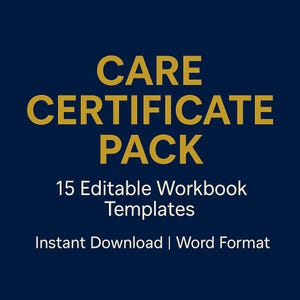 Puede incluir: Un gráfico azul marino con las palabras "CARE CERTIFICATE PACK" en letras doradas. Debajo, se lee "15 Editable Workbook Templates" y "Instant Download | Word Format" en texto blanco.
