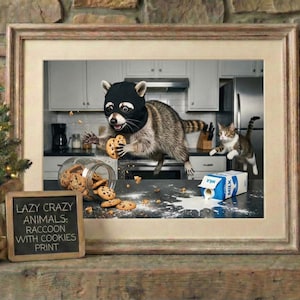 Puede incluir: Impresión enmarcada que muestra un mapache enmascarado robando galletas, con un gato saltando. Un pequeño letrero de pizarra dice "Lazy Crazy Animals: Raccoon with Cookies Print". La escena tiene lugar en una cocina.