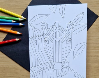 Mindfulness colouring in card - Zebra greeting card - Zebra art - blank cards -geometric art - geometric Zebra-animal greeting card -zebras