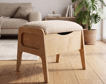 Pouf ottoman en bois avec rangement, repose-pieds en contreplaqué et assise bouclée, petit banc d'entrée, style scandinave moderne, idée cadeau de pendaison de crémaillère
