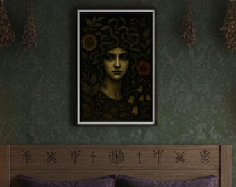 Medusa Art Print, Dark Botanical Serpent Goddess, Gothic Occult Decor