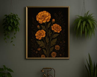 Marigold Art Print, Dark Botanical Floral Illustration, Witchy Home Decor