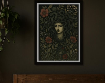 Medusa Art Print, Dark Botanical Serpent Goddess, Gothic Occult Decor