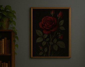 Red Rose Art Print, Botanical Gothic Decor
