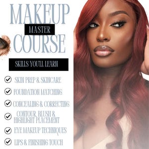 Op de afbeelding: Promotieafbeelding voor een make-up masterclass. De afbeelding toont een vrouw met rood haar en vakkundig aangebrachte make-up. Tekst bevat "Makeup Master Course" en een lijst met vaardigheden: huidvoorbereiding, foundation matching, camoufleren, contouren, oogmake-up en liptechnieken.
