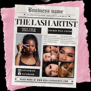 May include: A pink and white advertisement for a lash artist course. The headline reads "THE LASH ARTIST." The ad includes a photo of an instructor and examples of lash work. Text includes course details and social media links.