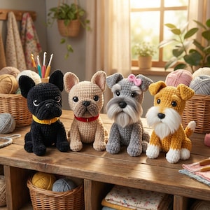 May include: Four crocheted dog figurines in a row. The dogs are black, tan, gray, and yellow, each with unique features. The black dog has a yellow collar, the tan dog has a red collar, and the gray dog has a pink bow.