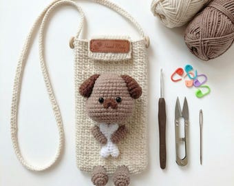 Crochet Dog Phone Pouch Pattern, Amigurumi Crossbody Bag, Puppy Bone Design (PDF Download)