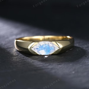 Half Bezel Moonstone Yellow Gold Solitaire Dutch Marquise Wedding Ring East-West Men's Engagement Ring 5mm Father's Day Gift