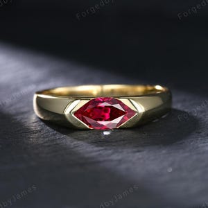 Anillo de compromiso para hombre de oro macizo de 14k con rubí marquesa holandés de 1 quilate, talla media, engaste horizontal. Anillo solitario de rubí. Alianza de boda para hombre.
