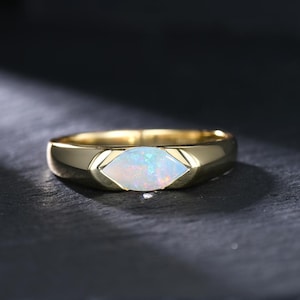 Half Bezel Set East-West 1CT Dutch Marquise White Opal Engagement Ring for Men 14k Solid Gold Solitaire Opal Promise Ring Men's Wedding Band