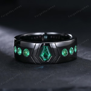 Gothic Coffin-Cut Smaragd Herren Ehering Schwarz Gold Grüne Blase Flush Stapelring 7mm Verlobungsring für Männer Vatertagsgeschenk