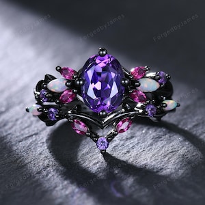 Gothic Oval Amethyst Ring Set, Black Gold Twig Branch Bridal Ring, Marquise Ruby Opal Chevron Wedding Band, Witchy Halloween Jewelry Gift