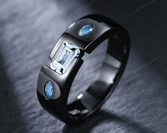 Emerald Cut Aquamarine Men's Wedding Ring Black Gold Moonstone Accents Men Marriage Bands Birthstone Promise Ring For Him