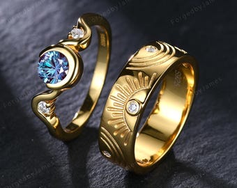 Celestial Sun Moon Couple Ring Set Gold Fireworks Alexandrite Wave Engagement Ring & Engraved Sun Diamond Mens Wedding Band His and Her Band