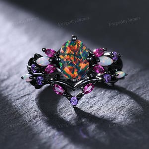 Conjunto de anillos de boda góticos ovalados de ópalo negro, anillo nupcial de oro negro con rubí y ópalo en forma de rama, banda en zigzag, regalo de joyería de vampiro para Halloween