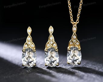 Vintage Celtic Knot Necklace and Drop Earrings, Oval White Quartz Bridal Jewelry Set , Bridesmaid Jewelry Gift Set, Checkerboard Cut, Silver
