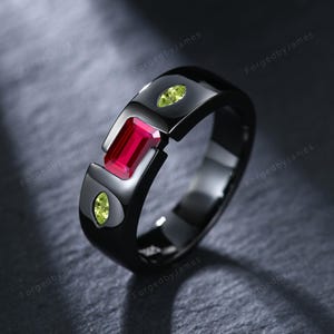 Emerald Cut Ruby Peridot Black Gold Men's Wedding Band East West Polished Finish Men's Engagement Ring 6mm July & August Birthstone Band