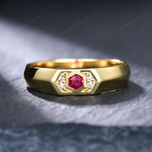Geometric Bezel Hexagon Ruby Ring Ruby Diamond Men's Gold Ring Knife Edge Men's Wedding Band Unique July Birthstone Signet Ring Gift for Him