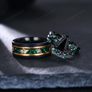 Coffin Black Onyx & Meteorite Gold Leaf Ring Set Twig Vine Emerald His and Hers Ring Couples Promise Ring Tungsten Band Black Gold Ring Set