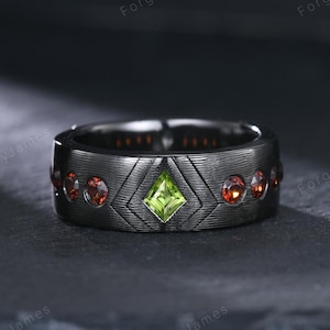 7mm Black Gold Men's Wedding Band Kite Shaped Peridot Garnet Bubble Promise Matching Rings For Men Brushed Satin Band Anniversary Gift